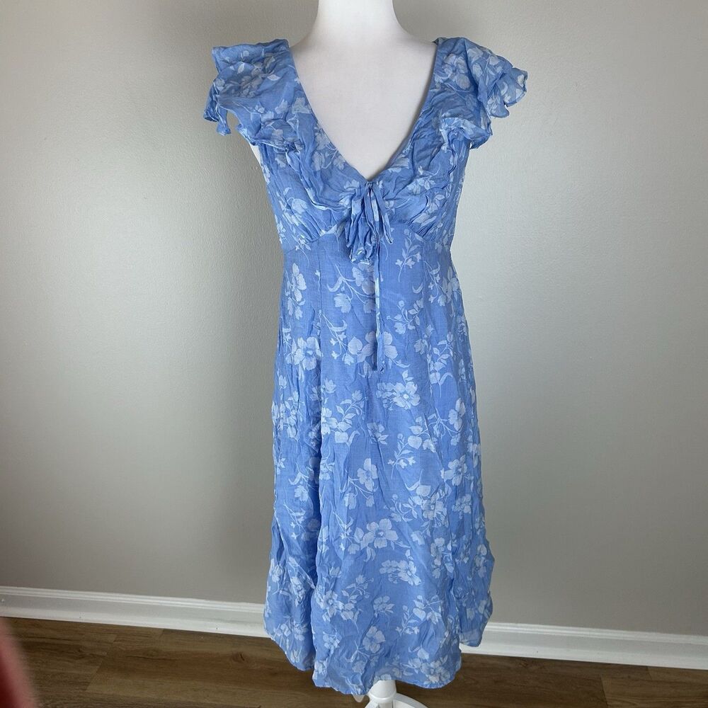 Old Navy S Petite Dress Blue Floral A-line Midi Ruffle Neck Empire Waist Cottage